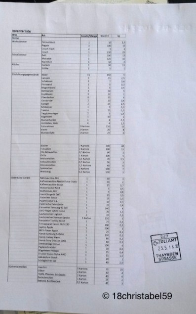 Inventarliste nach dem Zoll